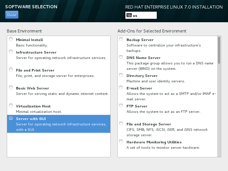 第7步:返回主页面后再点击“Software Selection”后选择"Server With GUI"。