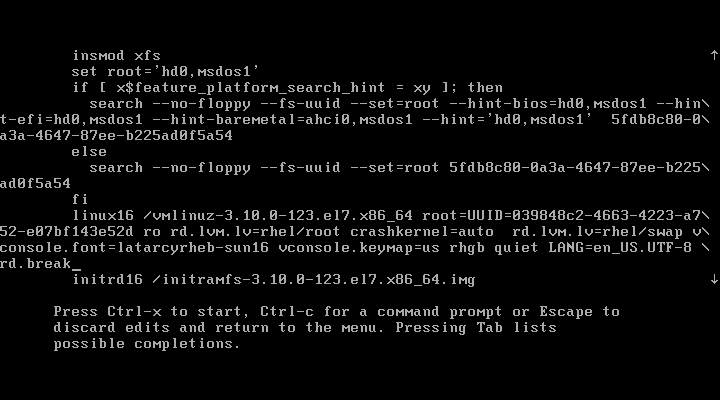 第2步：在linux16这行的后面输入“rd.break”并敲击“ctrl+x“。