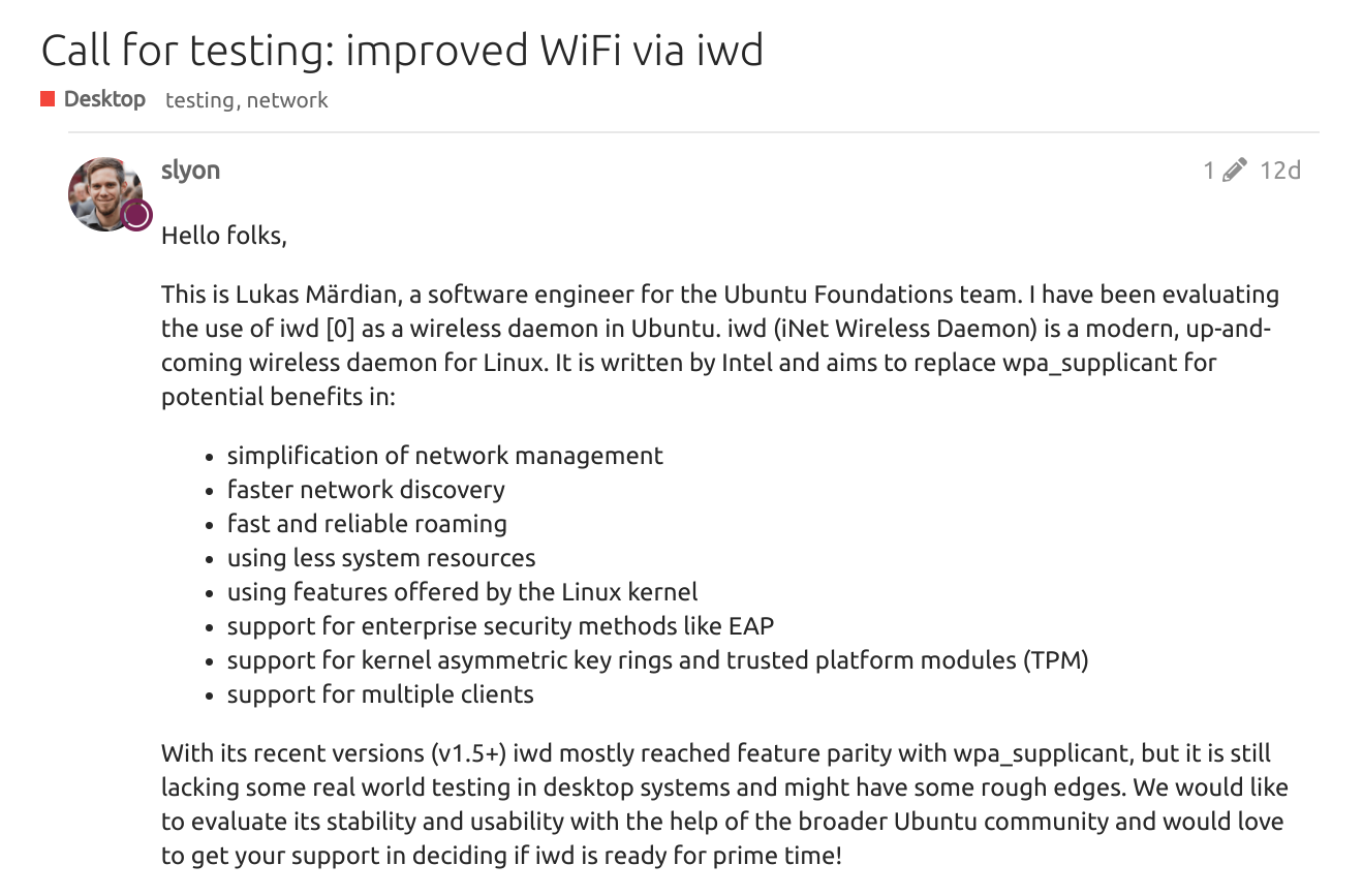 Ubuntu 正考虑使用 Intel IWD取代 WPA_Supplicant 作为 iNET 无线守护程序插图(1)