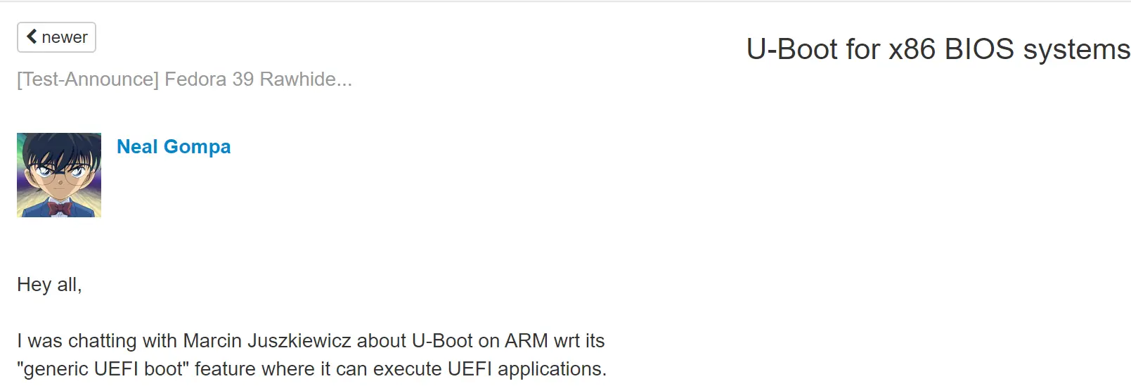 Fedora 开发者 Neal Gompa 计划在 x86 BIOS 系统上使用 U-BootFedora 开发者 Neal Gompa 计划在 x86 BIOS 系统上使用 U-Boot