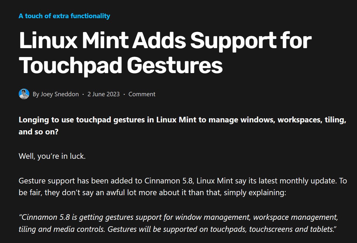 Linux Mint 21.2 前瞻：触控板手势支持来了Linux Mint 21.2 前瞻：触控板手势支持来了